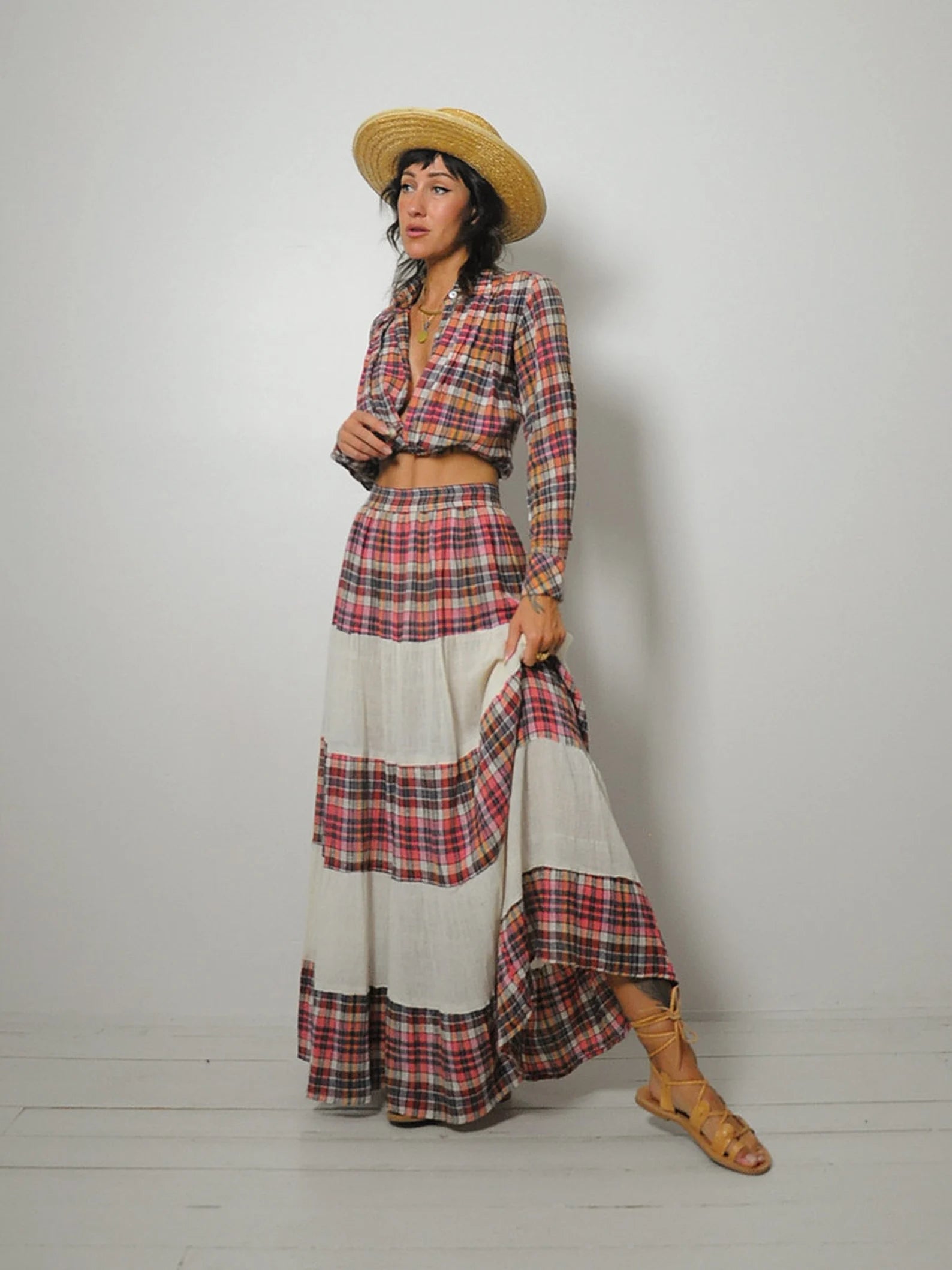 1970's Plaid Gauze 2 Piece Skirt Set