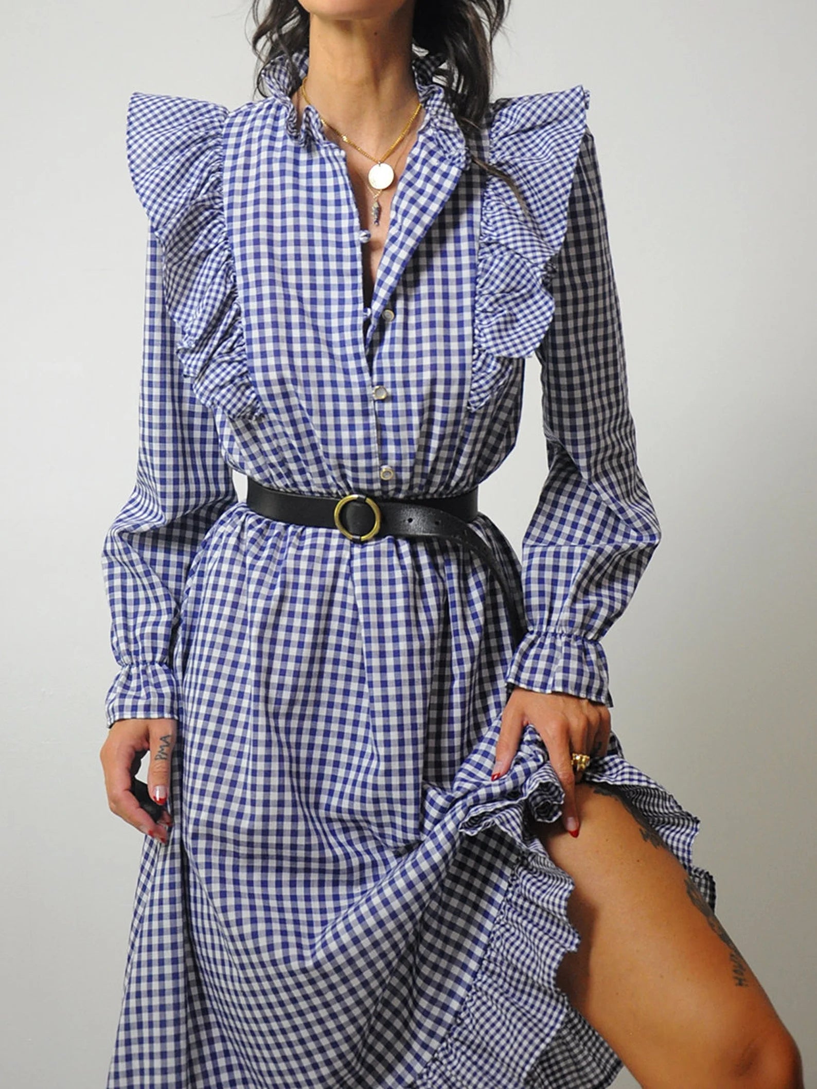 1970's Navy Gingham Ruffle Dress