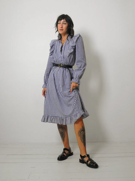 1970's Navy Gingham Ruffle Dress