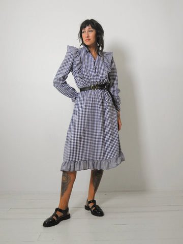 1970's Navy Gingham Ruffle Dress