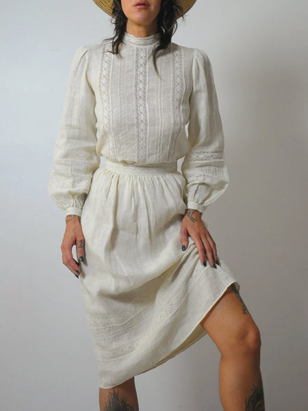 1970's Linen Lace 2 Piece Skirt Set