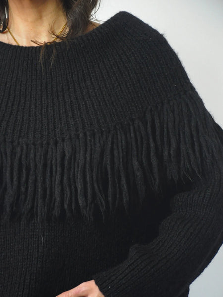 Black Fringed Off Shoulder Sweater