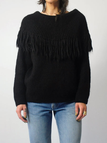 Black Fringed Off Shoulder Sweater