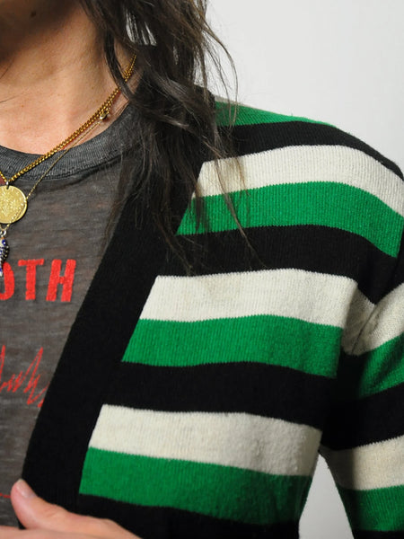 1980's Green Striped Sweater Cardigan