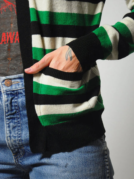 1980's Green Striped Sweater Cardigan