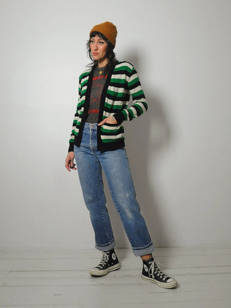 1980's Green Striped Sweater Cardigan