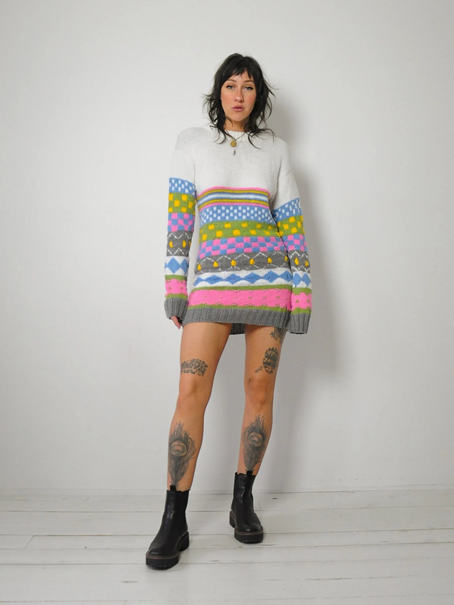 1980's Checkered + Stripe Sweater Dress