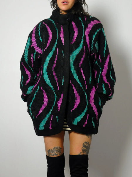 1980's Abstract Metallic Knit Sweater Coat