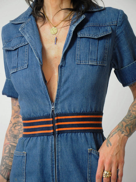 1970's Denim Striped Waist Jumpsuit
