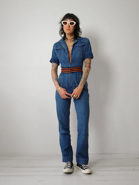 1970's Denim Striped Waist Jumpsuit
