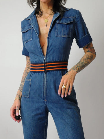 1970's Denim Striped Waist Jumpsuit