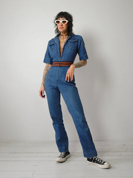 1970's Denim Striped Waist Jumpsuit