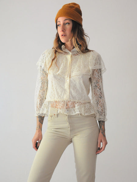 70's Ivory Peplum Lace Blouse