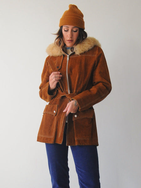 70's Shearling Hooded Suede Coat