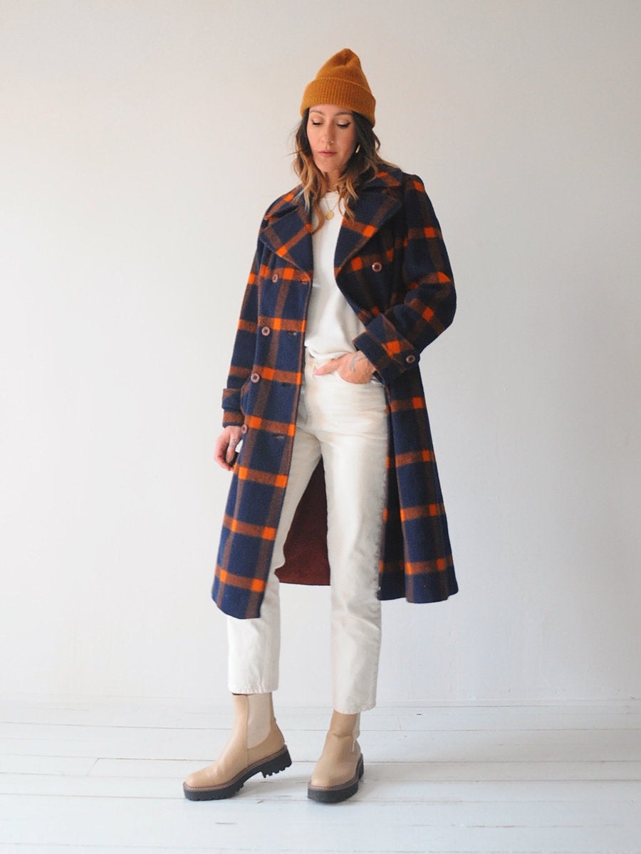 60's Tartan Plaid Wool Peacoat