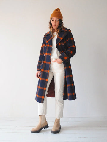 60's Tartan Plaid Wool Peacoat