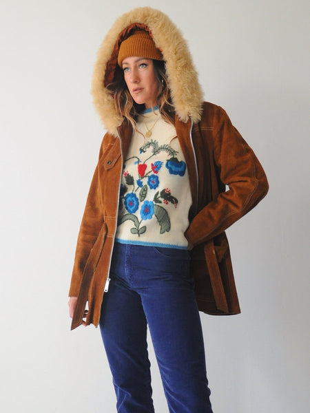 70's Shearling Hooded Suede Coat