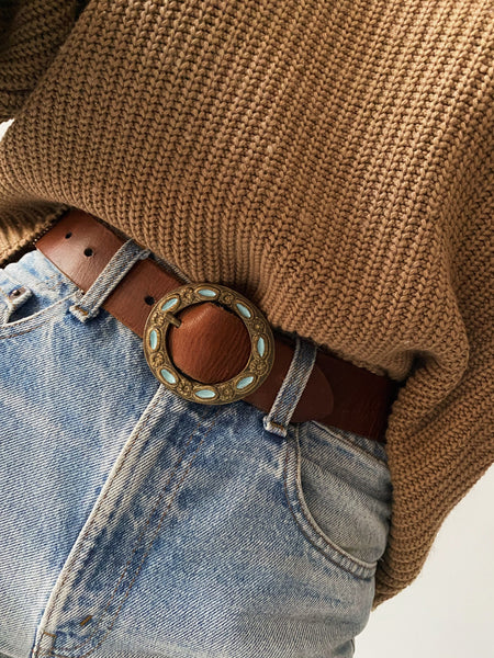 70's Floral Buckle Leather Belt