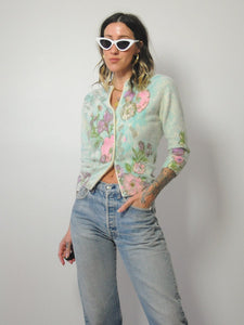 1950's Angora Hand Screen Printed Floral Cardigan