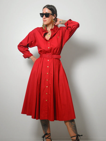 Crimson Belted Shirt Dress