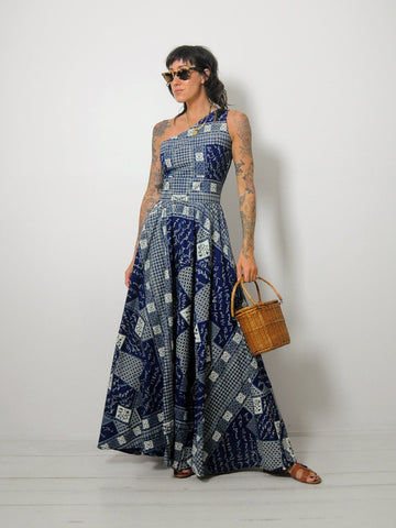 1970's Wax Block Print One Shoulder Dress