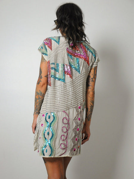 1980's Silk Sequined Shift Dress