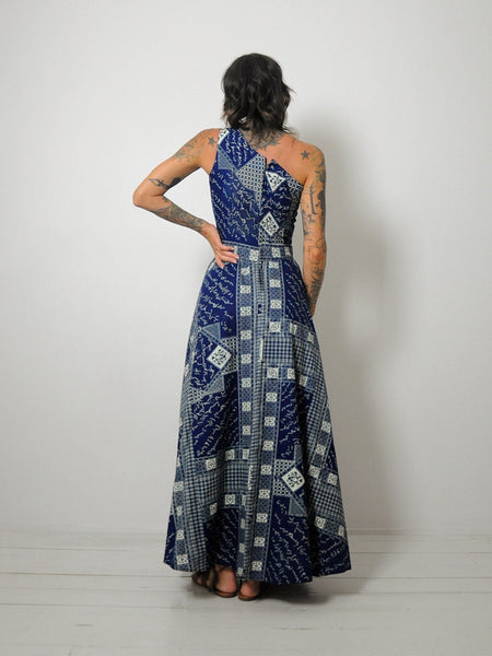 1970's Wax Block Print One Shoulder Dress