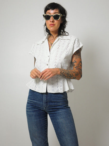 1950's Peplum Ruffle Eyelet Blouse