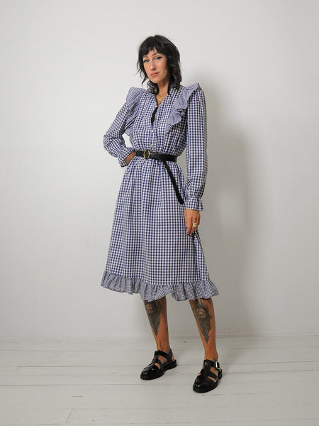 1970's Navy Gingham Ruffle Dress
