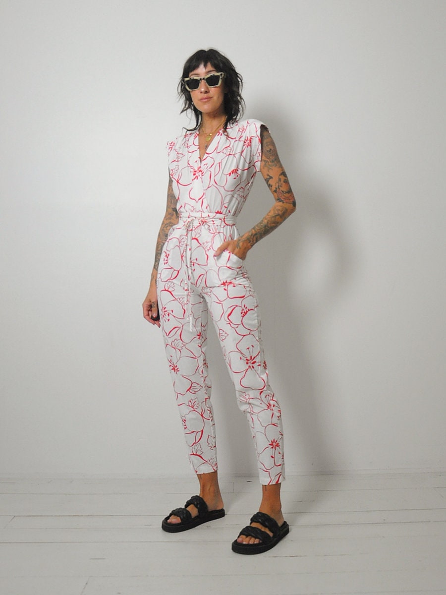 1980's Red Floral Pocket Wrap Jumpsuit