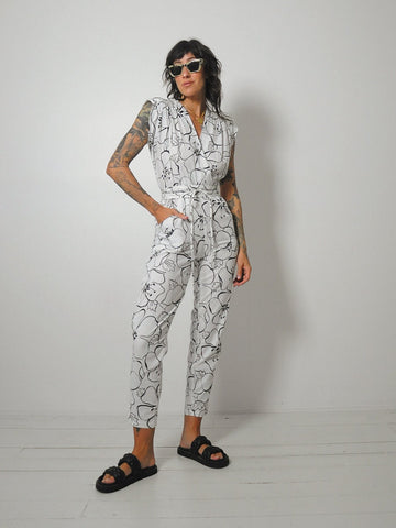 1980's Black Floral Pocket Wrap Jumpsuit