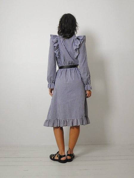 1970's Navy Gingham Ruffle Dress