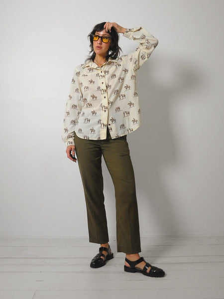 1980's Cowboy & Horse Print Blouse