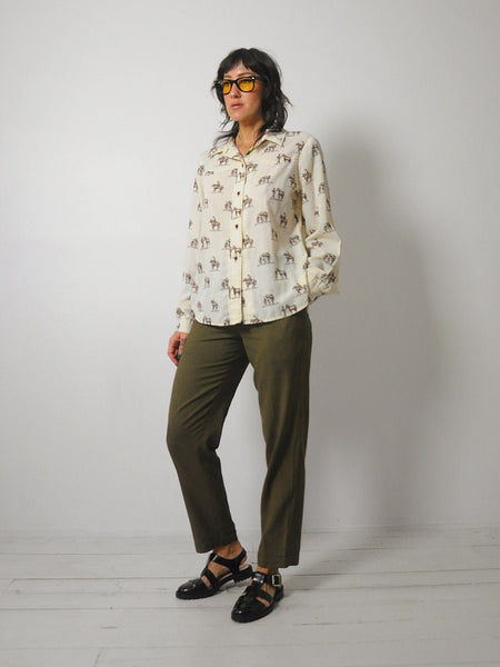 1980's Cowboy & Horse Print Blouse