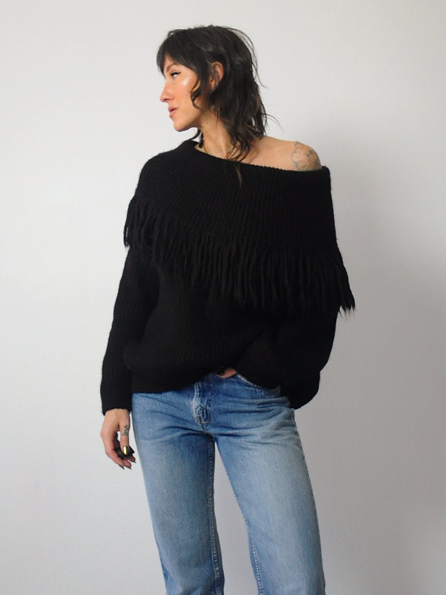 Black Fringed Off Shoulder Sweater