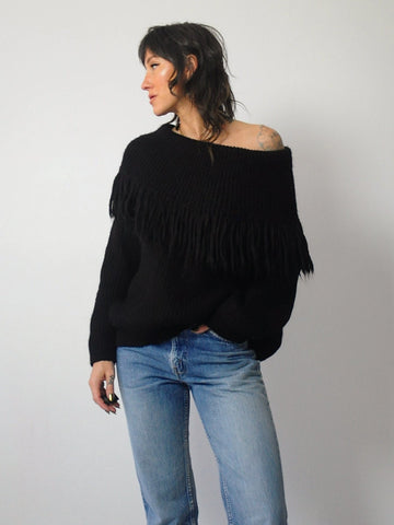 Black Fringed Off Shoulder Sweater