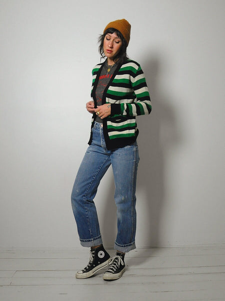 1980's Green Striped Sweater Cardigan