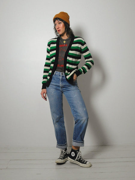 1980's Green Striped Sweater Cardigan