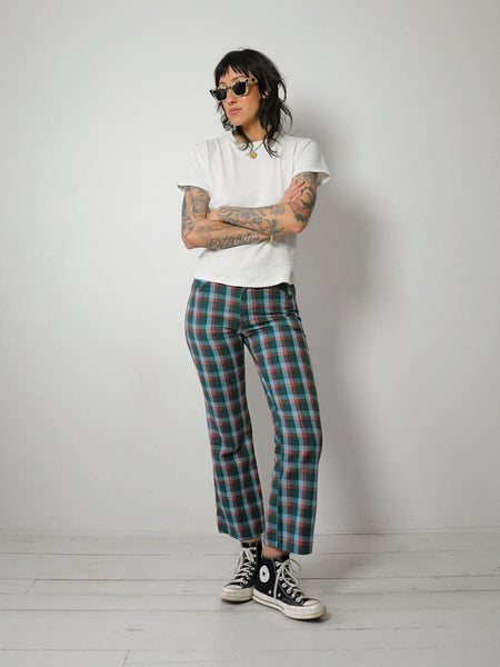 1970's Tartan Plaid Flared Jeans 27x27