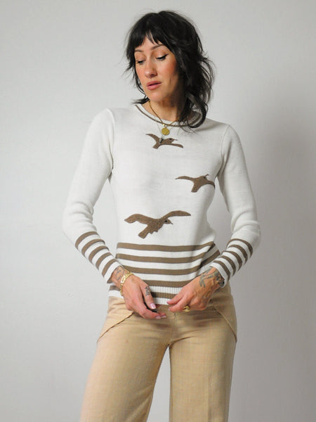 1970's Tan Seagull Striped Sweater