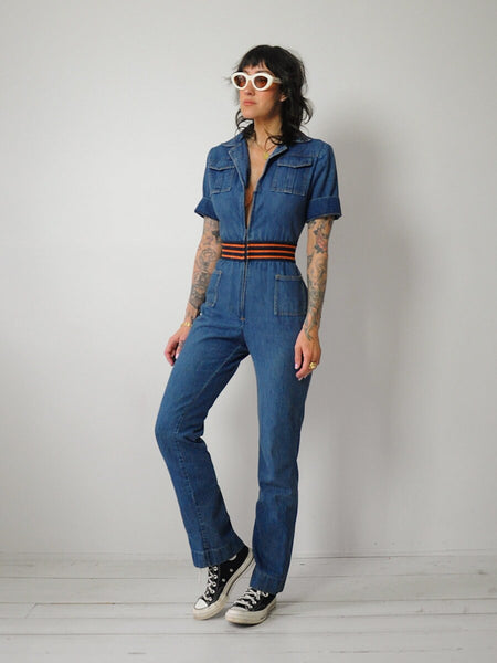 1970's Denim Striped Waist Jumpsuit