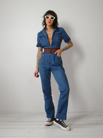 1970's Denim Striped Waist Jumpsuit