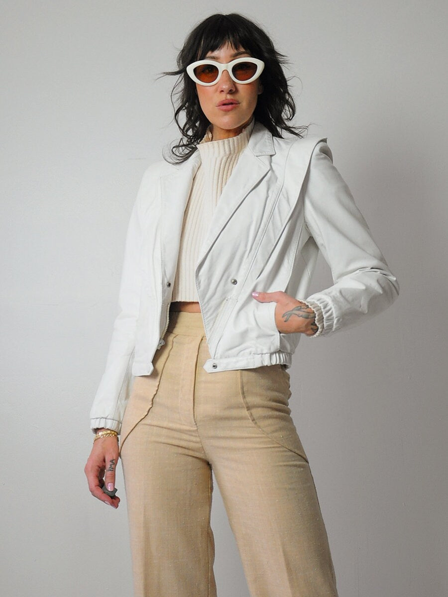 1980's White Leather Moto Jacket