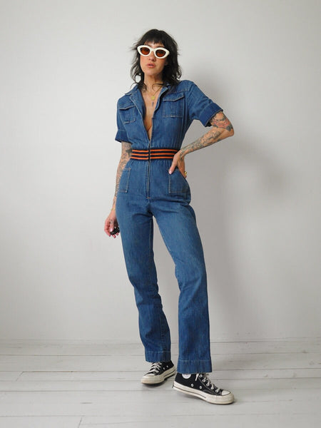 1970's Denim Striped Waist Jumpsuit