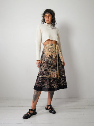 1970's Landscape & Bird Batik Wrap Skirt